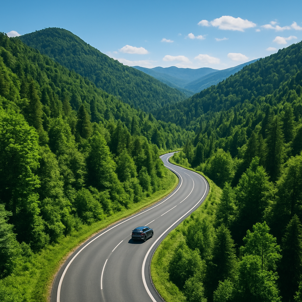 A car driving along a winding mountain road